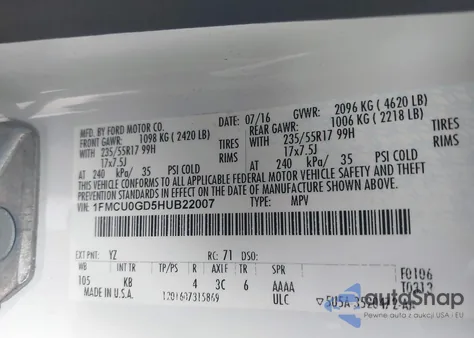 2017 Ford Escape Se из США, поврежденный, VIN 1FMCU0GD5HUB22007